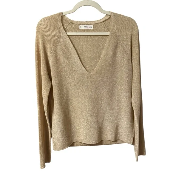 Mango Kling Metallic V Neck Jumper in Gold Lightweight Top Womens Large Shimmer - Picture 7 of 10